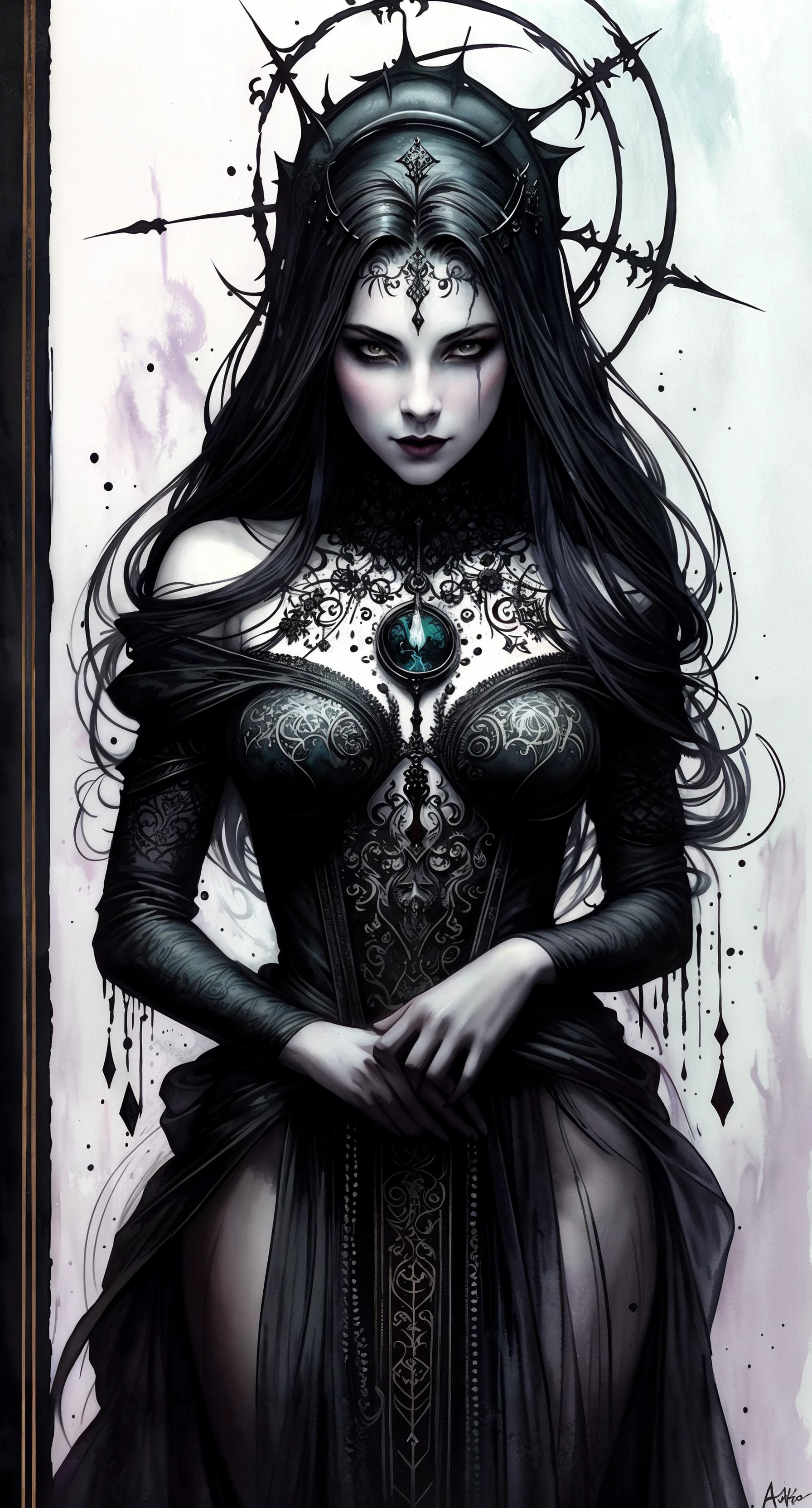 (A Tarot card),  with [ a stunning | an astonishing | an exquisite ]
portrait of ([ an ominous  | a gloomy | an eldritch ])
phantasmal
([banshee |  wraith])
posing on top of a  pedestal
,Ornate gothic ( ( in messy [ splattered  | dripping | splotched | flowing ] watercolor CCDDA artstyle )
(by [ Arthur Rackham  |  Mario Sanchez Nevado ]  and by Edmund Dulac), atmospheric, moody, cinematic, dominant pose, seductive, 
[ neat and clean |  ( clear and readable ) ] composition of sharp precisely stabilized lines, ((illustration style)), (fantasy art), centered, 
with ( [ ( clear and readable ) | neat and clean  ]  tangents ) full of negative space, realistic:1.35, masterpiece, good lighting, perfect body, good shading, centered, (detailed, intricate), (photorealistic:1.3), gorgeous, beautiful, stunning,