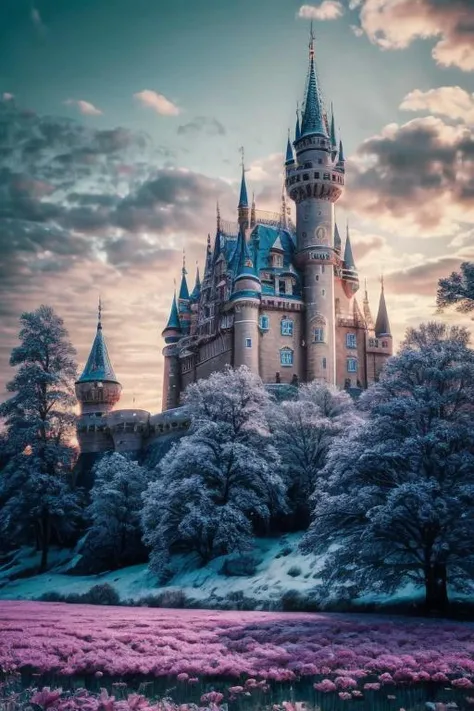 a profestional picutre of 6) The Peppermint Castle - A massive stone castle, its walls coated in shimmering peppermint ice that glitters in the sunlight. The air is filled with the sweet scent of cotton candy and the sound of raucous laughter from the castle's residents. The castle is said to be home to a powerful witch who can grant wishes to those who seek her out. ,wide angle, landscape , photorealism,unreal 5 daz, extremely detailed ,((ultrasharp)),((masterpiece)),((best quality)),((ultradetailed)),((intricated details)), extremaly detailed background, ultra realistic,32k,RAW photo, 8k ,dslr,soft lighting,high quality,film grain, beautiful and aesthetic,extremely detailed, natural shadows, <hypernet:sxzBloom_sxzBloom:0.7> <lora:add_detail:1> <lora:add_sharpness:0.63>