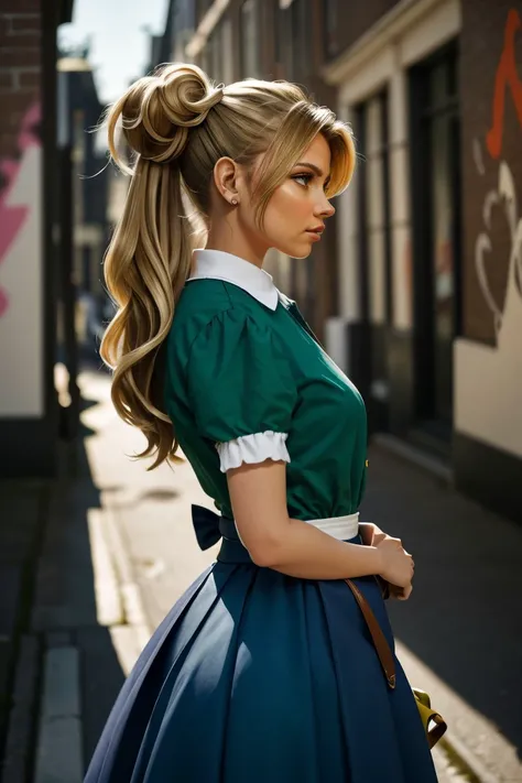 (graffiti style, spray paint, vibrant, urban, detailed, street art:1.15), (shot from a Dutch angle, headshot:1.2) <lora:sd15_AnnaVonKlinski_locon_8_v1-000014:.9> dirty blonde highlights, side view, she is wearing sash , her hair is styled as low rolled bun, BREAK she is (wandering a hedge maze:1.1), soft natural lighting, Porta 160 ,shot on Sony A7III ,Voigtlnder Nokton 50mm f1.1 , in the style of Oskar Fischinger