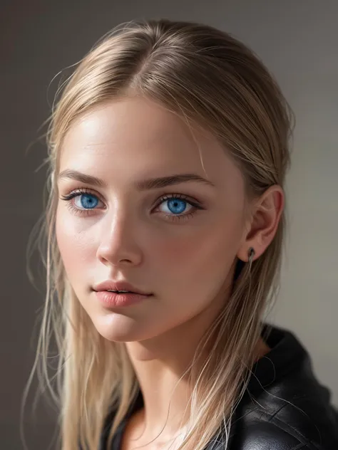 a woman with blue eyes and a black jacket on her jacket is looking at the camera with a serious look on her face,  perfect eyes,  mannerism,    epiCRealism
