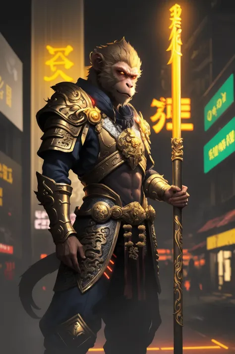 <lora:J2W-monkeyking-0515-1-lora:0.6>,Monkey king,wukong_xingzhe,wukong_armors,solo,city,chinese architecture,cyberpunk,glowing neon lights,Cinematic Lighting,highres,(stake:1.3),close-up,