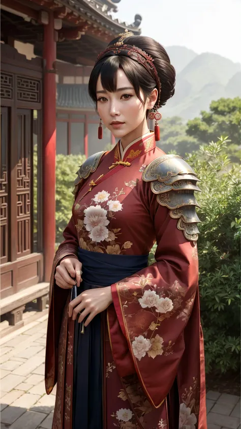 modelshoot style, (extremely detailed CG unity 8k wallpaper), full shot body photo of the most beautiful artwork in the world, Atey Ghailan, Studio Ghibli, by Jeremy Mann, Greg Manchess, trending on ArtStation, trending on CGSociety, (Intricate, High Detail), Sharp focus, dramatic, zskuijia, realistic fabric texture, (detailed Chinese armor), (hanfu armor), (perfect body), (photorealistic:1.6), (mature adult:1.42),