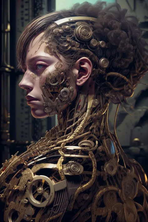 8K, highly detailed, stunning art, digital photography, painting, (hyper realistic art:1.3), (mechanical woman:1.2), (art bygenevieve valentine:1.2), Nikon d850, F/8, horror, reelmech, fear, blood, bleeding red and black theme, demonic, expressive, hypnotic, delicate, dark, moody, alluring, intricate, perfect lighting, perfect shading, hdr, (photorealistic:1.6), <lora:more_details:1>, <lora:reelmech1v2:1.5>