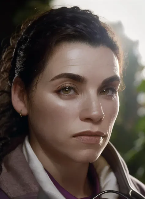 portrait of skswoman, stubborn , wearing cashmere , background jungle epic (photo, studio lighting, hard light, sony a7, 50 mm, matte skin, pores, colors, hyperdetailed, hyperrealistic), <lyco:Julianna Margulies:1.3>