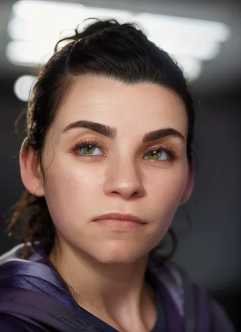 portrait of skswoman, flustered , wearing sweatshirt , background gradient epic (photo, studio lighting, hard light, sony a7, 50 mm, matte skin, pores, colors, hyperdetailed, hyperrealistic), <lyco:Julianna Margulies:1.3>