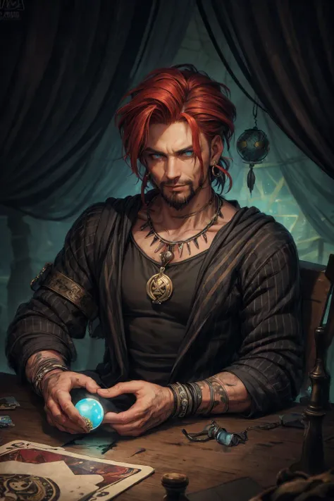 masterpiece, best quality, (realistic), (perfect face), intricate, sharp focus, <lora:add_detail:1>
(1man, masculine adult male:1.2), light blue eyes, auburn hair, goatee,
portrait, looking at viewer, solo, (full body:0.6), detailed background, close up, glowing eyes, (<lora:ToxicPunkAI:0.6>, ToxicPunkAI theme:1.1), fortune teller, smirk, foreboding, sitting at table, colorful shoulderless baggy gypsy fortune teller clothes, striped clothes, large earrings, deck of cards, tarot cards, crystal ball, medieval (tent interior:1.1) background, tent curtains in background, dark mysterious lighting, shadows, magical atmosphere, starry night,
<lora:3DMM_V12:0.25>, 3DMM,