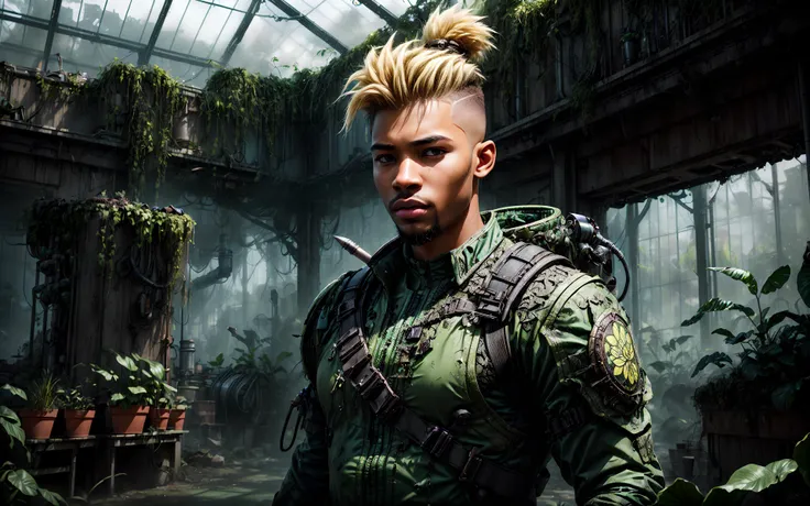 masterpiece, epic, majestic, best quality, very high resolution, 8k, hdr, digital photography, dynamic pose, drop-dead -faced (male Yoruba:1.2) soldier, black eyes, (medium blonde hair, tapered sides hair:1.1), showing furtive expression, (Style-SwampMagic:0.4), focus on character, solo, half shot, looking away, detailed background, detailed face, (<lora:ToxicPunkAI:0.6>, ToxicPunkAI theme:1.1), focusing, botanical scientist, colorful plants, glowing plants, floating plants, green energy, elemental magic, green color scheme, lotus, wild growth, research, greenhouse in background, backlighting, magical atmosphere,, (iridescent:0.7), (transparent:0.8), (translucid:0.8), (reflection:0.6), (refraction:0.3), (diffraction:0.3), (caustics:0.3), volumetric lights, volumetric shadows, (subsurface scatering:0.4), physically based rendering, (intricate details:1.3), hyperdetailed, ultrarealistic, (sharp focus:1.2) <lora:hyperdenoiser_v090:1.5> <lora:add_detail:1.5>