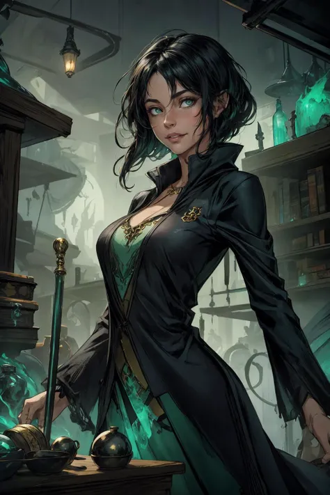 <lora:add_detail:0.5>, <lora:FZB_line_weights:0.4>, <lora:realistic:0.1>, <lora:sharpen-soften:-0.1>,
1 girl, adult welsh woman, green eyes, black shaggy hair,
Style-GravityMagic, looking at viewer, solo, half shot, detailed background, detailed face, (<lora:ToxicPunkAI:0.6>, ToxicPunkAI theme:1.1), hogwarts student, smiling, playful, (slytherin :1.1), cloak, casting spell, surrounded by potions, polyjuice potion, brewing, levitation spell, floating particles, sparks, library in background, ethereal atmosphere, backlighting, dim lighting,