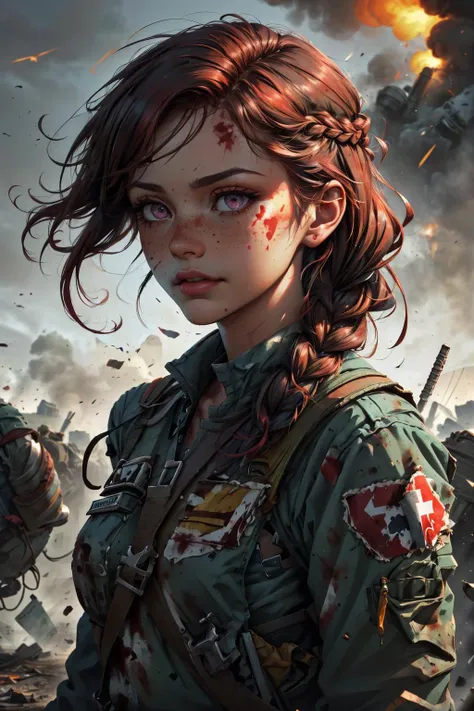 (masterpiece, best quality), <lora:add_detail_v5:1>, <lora:stylesqueeze_v1b:0.5>,
1 girl, adult (elven:0.7) woman, freckles, pink eyes, auburn fishtail braid,
solo, upper body, looking down, detailed background, detailed face, (<lora:ToxicPunkAI:0.6>, ToxicPunkAI theme:1.1), battlefield-medic, field-surgeon, determined, tattered military medic uniform, gloves, straps, red cross, medical supplies, toruniquet, dirt smudges, blood stains, war torn battlefield with explosions in background, intense action, dawn, emergency, cinematic atmosphere,