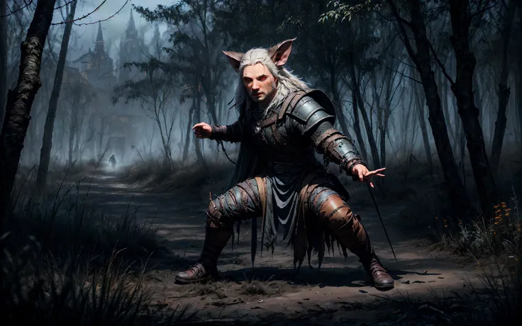 masterpiece, epic, majestic, best quality, very high resolution, 8k, hdr, digital photography, dynamic pose, foxy 28 years old (male Asura:1.2) warlock, dark brown eyes, (dark brown hair, comb over:1.1), looking at camera with a absent expression, solo, full body, looking away, detailed background, detailed face, (<lora:ToxicPunkAI:0.6>, ToxicPunkAI theme:1.1), serious expression, witcher, adventurer, wearing padded witcher armor, bloodstains, torn cloak belts, trinkets, wolf witcher pendant, fighting stance, glowing tattoos, meadow in background, tense anticipation, dust particles, wind blowing, magical aura, mystical atmosphere, ,, (iridescent:0.7), (transparent:0.8), (translucid:0.8), (reflection:0.6), (refraction:0.3), (diffraction:0.3), (caustics:0.3), volumetric lights, volumetric shadows, (subsurface scatering:0.4), physically based rendering, (intricate details:1.3), hyperdetailed, ultrarealistic, (sharp focus:1.2) <lora:hyperdenoiser_v090:1.8> <lora:add_detail:1.5>