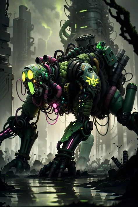 <lora:ToxicPunkAI:.9> ToxicPunkAI cyborg, glass, glowing pink lights:1.2), degradated, deteriorated, dirty, rising from swamp, low angle, dark green color scheme, dark forest, dark marsh background, solo, detailed background, dark cinematic atmosphere, haze, detailed, intricate