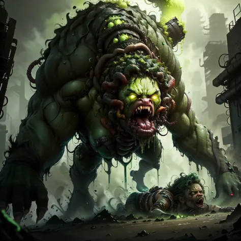<lora:ToxicPunkAI:.9> ToxicPunkAI 1woman beautiful face, enraged, muscular, hulkish monster humanoid, woman crawling to escaping , monster spewing green glowing gamma ooze from mouth, low angle, dark green color scheme, dark base, dark destroyed base background, solo, detailed photorealistic textures background, dark cinematic atmosphere, haze, detailed, intricate,