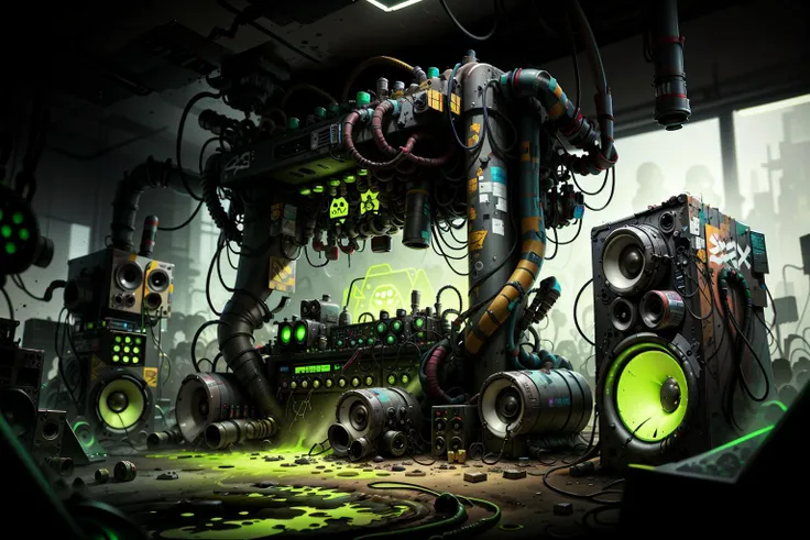 <lora:ToxicPunkAI:.9> ToxicPunkAI music mixer and speakers, detailed, intricate