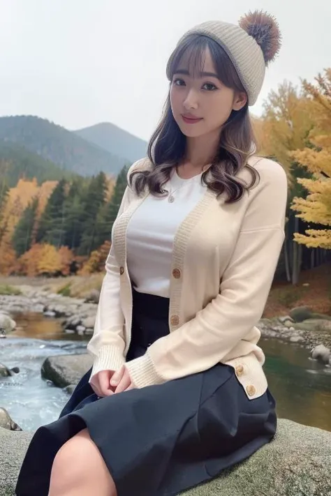 1girl,(wearing a cardigan and long skirt:1.2),(wearing a wooly beret),(RAW photo, best quality), (realistic, photo-realistic:1.4), masterpiece, an extremely delicate and beautiful, extremely detailed, 2k wallpaper, Amazing, finely detail, extremely detailed CG unity 8k wallpaper, ultra-detailed, highres, soft light, beautiful detailed girl, extremely detailed eyes and face, beautiful detailed nose, beautiful detailed eyes,cinematic lighting,(in a beautiful forest of pine trees at a Japanese countryside),(autumn scenery:1.3),(maple trees in autumn),(by a small rocky river),(morning light),perfect anatomy,(slender body:1.3),smiling, <lora:igarashihiromi_lora:0.8>,sitting down
