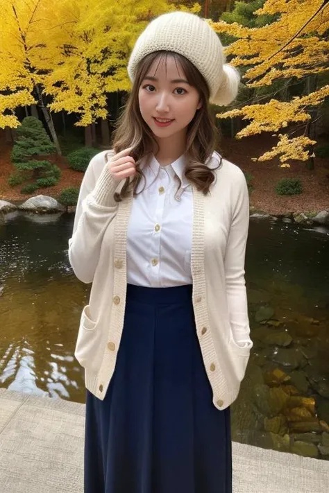 1girl,(wearing a cardigan and long skirt:1.2),(wearing a wooly beret),(RAW photo, best quality), (realistic, photo-realistic:1.4), masterpiece, an extremely delicate and beautiful, extremely detailed, 2k wallpaper, Amazing, finely detail, extremely detailed CG unity 8k wallpaper, ultra-detailed, highres, soft light, beautiful detailed girl, extremely detailed eyes and face, beautiful detailed nose, beautiful detailed eyes,cinematic lighting,(in a beautiful forest of pine trees at a Japanese countryside),(autumn scenery:1.3),(maple trees in autumn),(by a small rocky river),(morning light),perfect anatomy,slender body,smiling,   <lora:igarashihiromi_lora:0.8>,(standing:1.2)