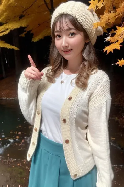 1girl,(wearing a cardigan and long skirt:1.2),(wearing a wooly beret),(RAW photo, best quality), (realistic, photo-realistic:1.4), masterpiece, an extremely delicate and beautiful, extremely detailed, 2k wallpaper, Amazing, finely detail, extremely detailed CG unity 8k wallpaper, ultra-detailed, highres, soft light, beautiful detailed girl, extremely detailed eyes and face, beautiful detailed nose, beautiful detailed eyes,cinematic lighting,(in a beautiful forest of pine trees at a Japanese countryside),(autumn scenery:1.3),(maple trees in autumn),(by a small rocky river),(morning light),perfect anatomy,(slender body:1.3),smiling, <lora:igarashihiromi_lora:0.8>,