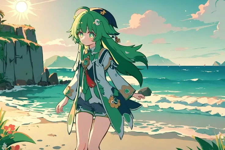 <lora:hohoHSR_XL_00_01:0.8>, (masterpiece), (best quality), (detailed background, best lighting), ultra-detailed, highly detailed, (blush), solo,
<BRAKE>
(beach:1.4), on stone, on grass, on beach, (colorful flowers), shadow, sunlight, warm, side lighting,
<BRAKE>
hohoo, 1girl, green hair, long hair, jewelry, green eyes, standing, shirt, shorts, (hat:1.3), looking at viewer
