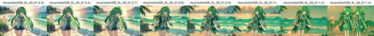 <lora:hohoHSR_XL_00_01:0.5>, (masterpiece), (best quality), (detailed background, best lighting), ultra-detailed, highly detailed, (blush), solo,
<BRAKE>
(beach:1.4), on stone, on grass, on beach, (colorful flowers), shadow, sunlight, warm, side lighting,
<BRAKE>
hohoo, 1girl, green hair, long hair, jewelry, green eyes, standing, shirt, shorts, (hat:1.3), looking at viewer