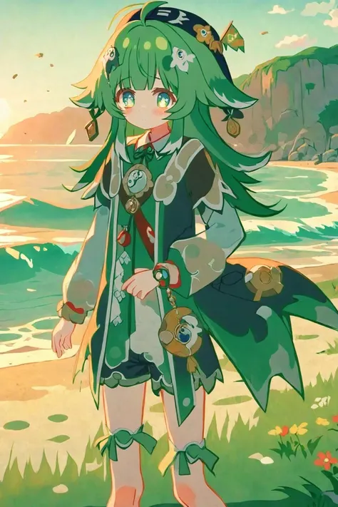 <lora:hohoHSR_XL_00_01:0.8>, (masterpiece), (best quality), (detailed background, best lighting), ultra-detailed, highly detailed, (blush), solo,
<BRAKE>
(beach:1.4),  on stone, on grass, on beach, (colorful flowers), shadow, sunlight, warm, side lighting,
<BRAKE>
hohoo, 1girl, green hair, long hair, jewelry, green eyes, standing, shirt, shorts, (hat:1.3), looking at viewer