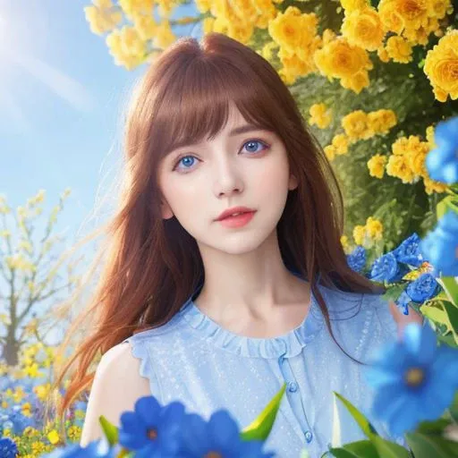 raw of photo,best quality,masterpiece,highres,4k,8k,a girl,surrounded by blooming  flowers,blue flowers,bright sunshine,<lora:myyardflower3.0:strength>