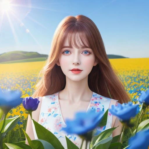 raw of photo,best quality,masterpiece,highres,4k,8k,a girl,surrounded by blooming  flowers,blue flowers,bright sunshine,<lora:myyardflower3.0:strength>