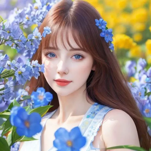 raw of photo,best quality,masterpiece,highres,4k,8k,a girl,surrounded by blooming  flowers,blue flowers,bright sunshine,<lora:myyardflower3.0:strength>