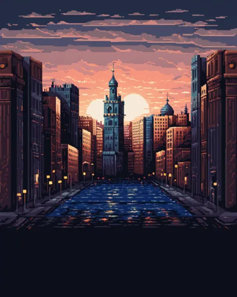 pixel-art On pale black paper, landscape of a St. Petersburg from inside of The Free Cities, it is Lovely and Glowing, at Golden hour, Flustered, Light and shadow plays, <lora:16-bit_pixel_backgrounds_v2:1> apxlz . low-res, blocky, pixel art style, 8-bit graphics