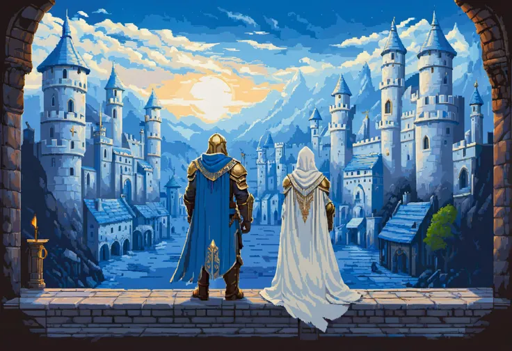 (white knight:1.2), overlooking medieval white city, back turned, blue roofs, white bricks, great human medieval city, glorious, noble, (Stormwind from Warcraft:1.1),  (moonset:1.2)  <lora:16-bit_pixel_backgrounds_v2:1> , white armor, (blue cloak:1.2), golden embroidery, lion decorations in armor, soldier
