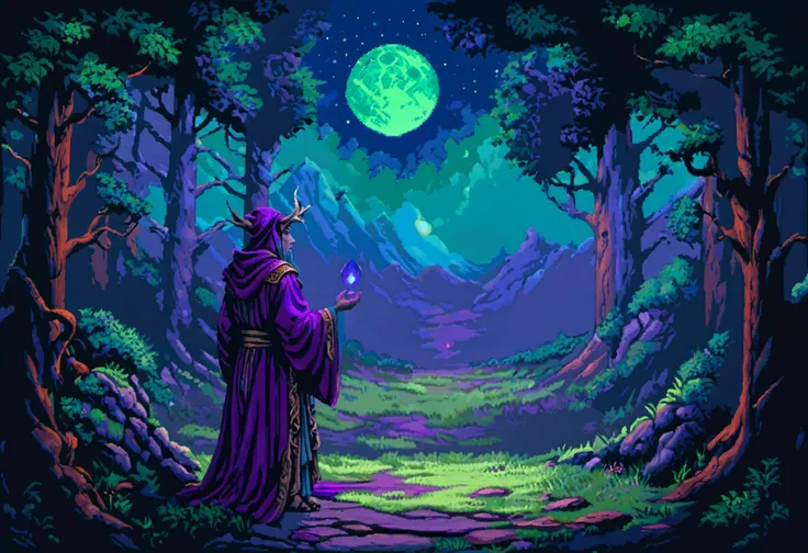 night elf druid, purple skin, wearing green robe, overlooking a beautiful green and purple forest, vast primordial wilderness, mystical, bright blue moonrise <lora:16-bit_pixel_backgrounds_v2:1>