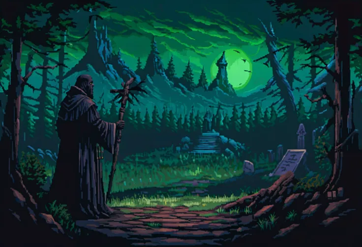 zombie priest overlooking a pine forest, grey skin, carrying a wizard staff, back turned, robe,  scary black forest, graveyard, tombstones, green sunset, <lora:16-bit_pixel_backgrounds_v2:1>
