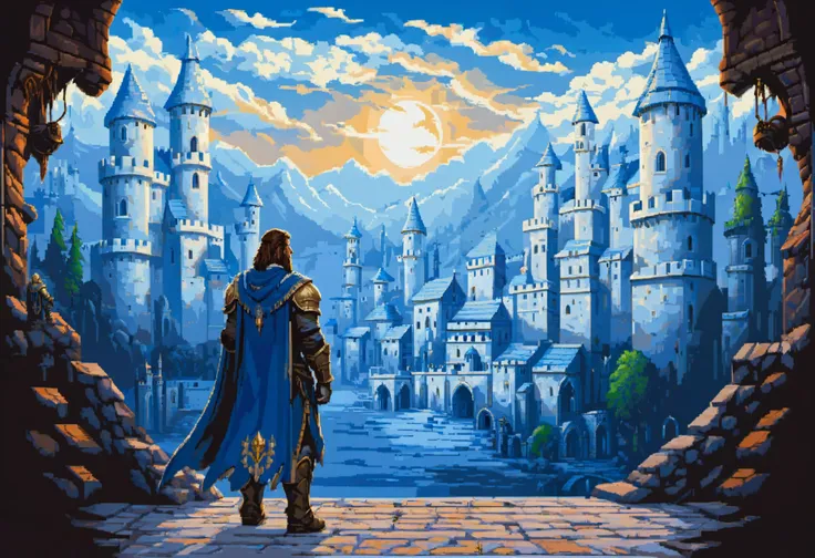 (white knight:1.2), overlooking medieval white city, back turned, blue roofs, white bricks, great human medieval city, glorious, noble, (Stormwind from Warcraft:1.1), (moonset:1.2) <lora:16-bit_pixel_backgrounds_v2:1> , white armor, (blue cloak:1.2), golden embroidery, lion decorations in armor, soldier