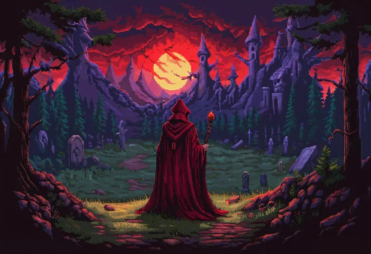 zombie sorcerer overlooking a pine forest, grey skin, carrying a wizard staff, back turned, red cloak, scary forest, graveyard, tombstones, sunset, <lora:16-bit_pixel_backgrounds_v2:1>
