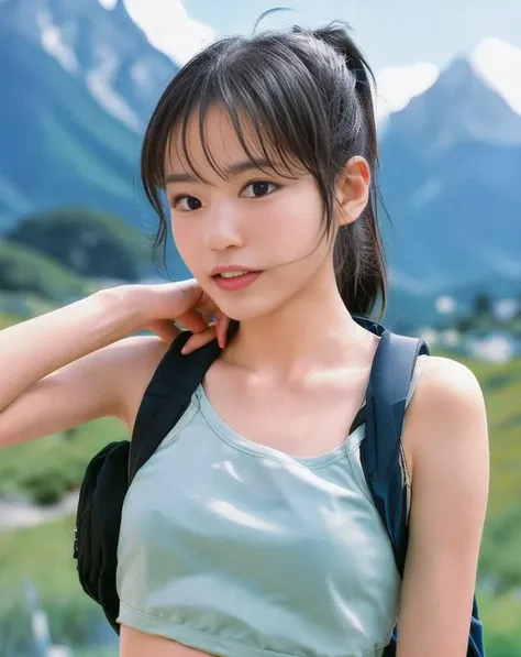 photo of  1gril eleca<lora:eleca-1:0.7> dance, ponytail hair, spaghetti tube top, backpack, upper body, at alpes outdoor