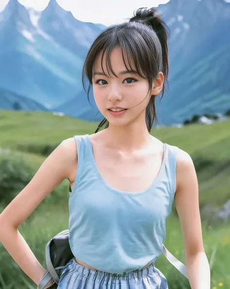 photo of 1gril eleca<lora:eleca-1:0.7> dance, ponytail hair, spaghetti tube top, backpack, upper body, at alpes outdoor