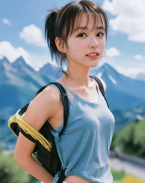 photo of 1gril eleca<lora:eleca-1:0.7> dance, ponytail hair, spaghetti tube top, backpack, upper body, at alpes outdoor