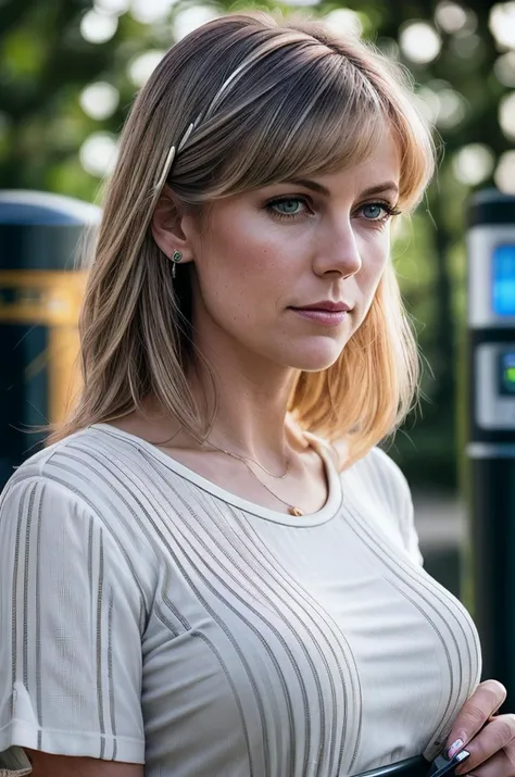 beautiful woman (EPJ1llD4nd0:.99), perfect hair, jewellery, ((portrait)), (closeup:1.2), ((from the waist up)), ((( A sleek, solar-powered electric vehicle charging station, promoting sustainable transportation options :1.2 ))), natural skin texture, (( Striped wide-leg pants and a plain tee :1.2)), 24mm, 4k textures, soft cinematic light, adobe lightroom, photolab, hdr, intricate, elegant, highly detailed, sharp focus, ((((cinematic look)))), soothing tones, insane details, intricate details, hyperdetailed, low contrast, soft cinematic light, exposure blend, hdr, faded, now, ("I've got a bad feeling about this.":1.1)
