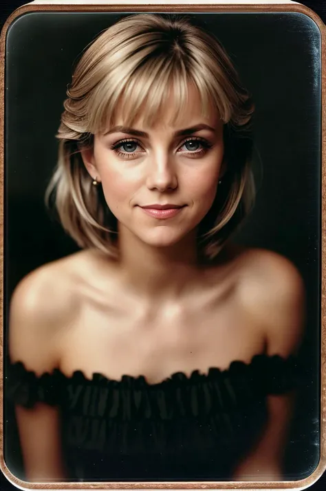 photo of beautiful (EPJ1llD4nd0:0.99), closeup portrait, perfect hair, hair upsweep updo, posing, (vintage photo, strapless dress), Century Camera Co. Studio, 160mm f/8, 1/10s, ISO 25, ((tintype)), (analog, film, film grain:1.3), ((on Broadway street, night, gritty)), happy, 80s, ((detailed eyes)), (colorful)