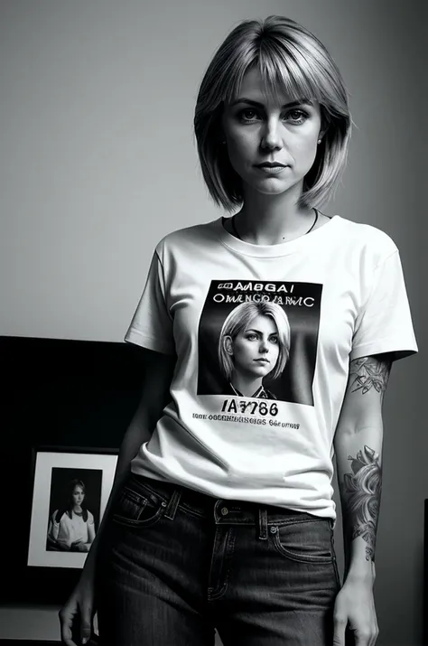 beautiful woman (EPJ1llD4nd0:.99): tattoos, ominous, beautiful, shirt and jeans, hyperrealistic, by greg rutkowski, yoshitaka amano, ilya kuvshinov, Retina display, black and white photography, monochrome, Canon50,"In Jernau we trust"