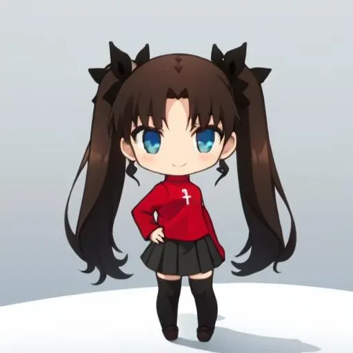 ((masterpiece)), (best quality), highres, ultra-detailed,
chibi, gfl, 3d, depth of field, figure, focused, photo (medium), photo background, pov, white background,
tohsaka rin, solo, standing, looking at the viewer, smile, closed mouth, slight blush, 1girl, solo, long hair, two side up, brown hair, blue eyes, hair ribbon, red turtleneck, long sleeves, pleated skirt, black skirt, black thighhighs, twintails
<lora:GFL:0.9>, <lora:chara_FateStayNightUBW_TohsakaRin_v1:0.8>