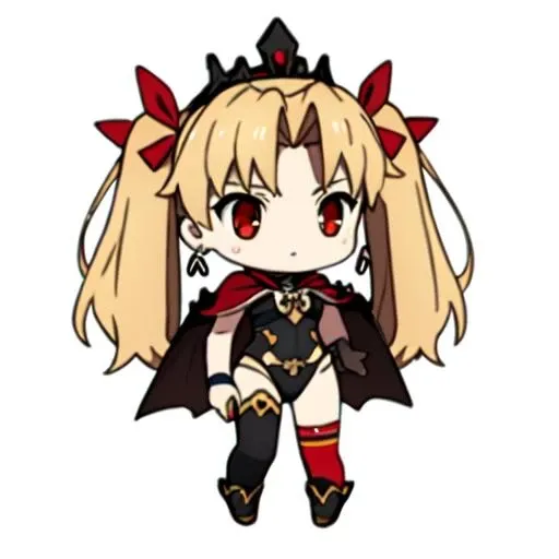 ((masterpiece)), (best quality), highres, ultra-detailed,
chibi, gfl, 3d, depth of field, figure, focused, photo (medium), photo background, pov, white background,
1girl, blonde hair, red eyes, two side up, red ribbon, tiara, earrings, black leotard, skull, gold trim, red cape, collar, single thighhigh, asymmetrical legwear, twintails,
<lora:GFL:0.9>, <lora:chara_FateGrandOrder_IshtarAndEreshkigal_v1:0.8>