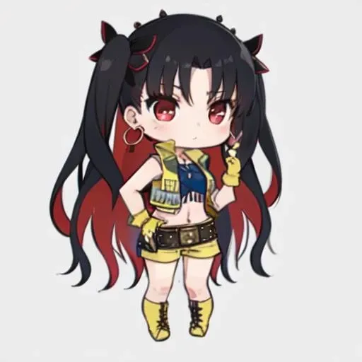 ((masterpiece)), (best quality), highres, ultra-detailed,
chibi, gfl, 3d, depth of field, figure, focused, photo (medium), photo background, pov, white background,
a woman with long hair wearing tight short ha outfit and leggings, 1girl, ishtar (fate), long hair, black hair, yellow shorts, red eyes, solo, shorts, red hair, gloves, yellow vest, earrings, jewelry, multicolored hair, two-tone hair, two side up, ass, breasts, looking at viewer, fingerless gloves, hoop earrings, short shorts, blush, belt, vest, bangs, room background, yellow gloves, cropped vest,
<lora:spaceishtar:0.7>, <lora:GFL:0.9>