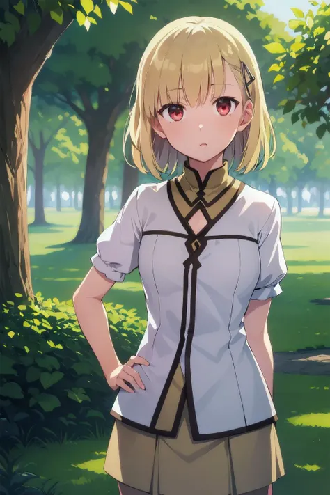 portrait, sharp focus, soft lighting,, illustration, depth of field, outdoors, trees, rosetta1, 1girl, solo, looking at viewer, short hair, blonde hair, red eyes, short sleeves, hand on hip, hairclip, skirt  <lora:rosetta1-000003:0.75>