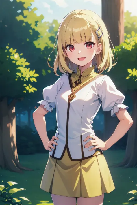 portrait, sharp focus, soft lighting, illustration, depth of field, outdoors, trees, rosetta1, 1girl, solo, looking at viewer, short hair, blonde hair, red eyes, white shirt, yellow undershirt, short sleeves, puffy sleeves, blunt bangs, hand on hip, hairclip, yellow skirt :D smiling, <lora:rosetta1-000003:0.75>