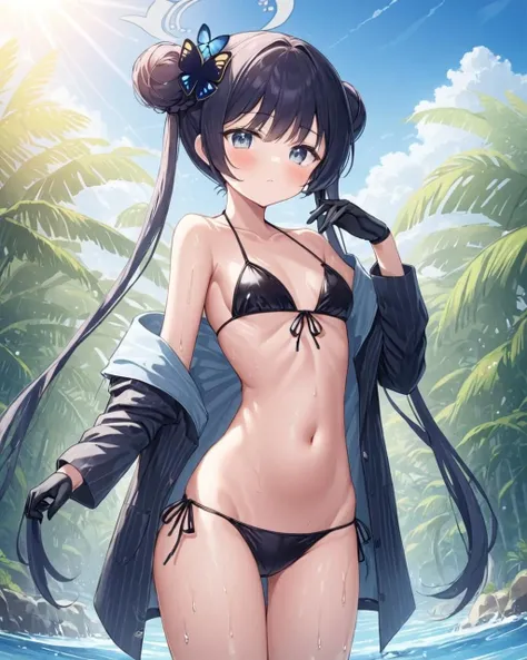kisaki \(blue archive\),1girl, solo, string_bikini, black_bikini, butterfly_hair_ornament, navel, side-tie_bikini_bottom, looking_at_viewer, stomach, hand_on_hip, twintails, double_bun, small_breasts, striped_shirt, halterneck, water, black_gloves, wading, wet, open_clothes, blush, day, bare_shoulders, off_shoulder, pinstripe_pattern, long_sleeves, outdoors, alternate_costume, thighs, collarbone, cowboy_shot, jacket, sunlight, sky, front-tie_bikini_top, black_shirt, standing
<lora:kisaki_(blue_archive)_image3331_2023-12-03-000006:1>halo. gorgeous,key visual, vibrant, studio anime,award-winning, professional, highly detailed,high budget, cinemascope