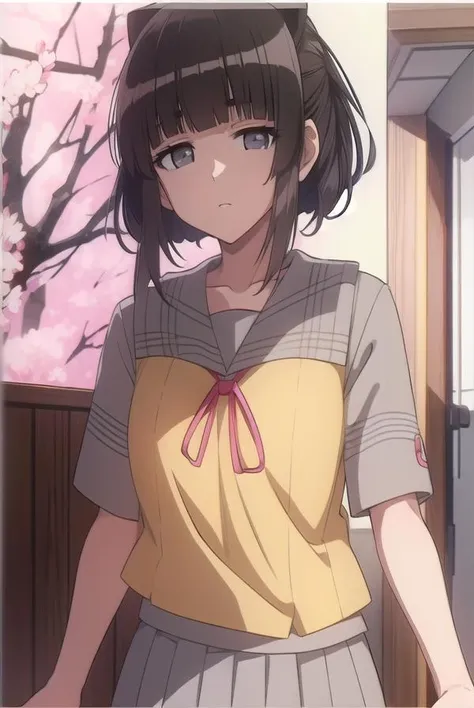 suikayama, <lora:suikayama-lora-nochekaiser:1>,
sui kayama, (grey eyes:1.5), brown hair, bangs, blunt bangs, hime cut, short hair,
BREAK serafuku, yellow shirt, pink sailor collar, ribbon, pink ribbon, black skirt, miniskirt,
BREAK looking at viewer,
BREAK outdoors,
BREAK <lyco:GoodHands-beta2:1>, (masterpiece:1.2), best quality, high resolution, unity 8k wallpaper, (illustration:0.8), (beautiful detailed eyes:1.6), extremely detailed face, perfect lighting, extremely detailed CG, (perfect hands, perfect anatomy),
