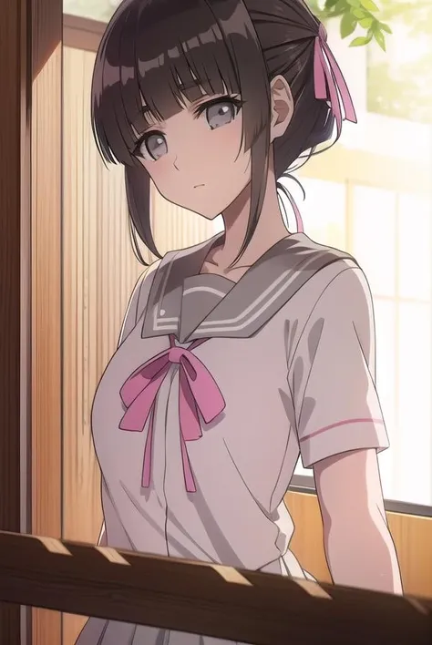 suikayama, <lora:suikayama-lora-nochekaiser:1>,
sui kayama, (grey eyes:1.5), brown hair, bangs, blunt bangs, hime cut, short hair,
BREAK serafuku, yellow shirt, pink sailor collar, ribbon, pink ribbon, black skirt, miniskirt,
BREAK looking at viewer,
BREAK outdoors,
BREAK <lyco:GoodHands-beta2:1>, (masterpiece:1.2), best quality, high resolution, unity 8k wallpaper, (illustration:0.8), (beautiful detailed eyes:1.6), extremely detailed face, perfect lighting, extremely detailed CG, (perfect hands, perfect anatomy),