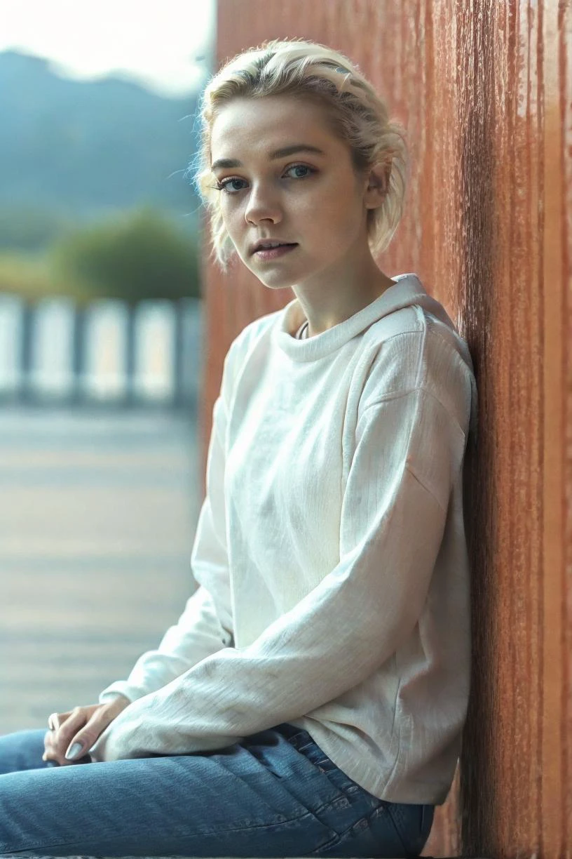a profesional photo of 1 girl , <lora:Julia_Sarah_Stone_v2:0.7> blonde hair, delicate face, slender body, big eyes, young girl, woman, small breasts, wearing Denim mini skirt, tucked in tee, sneakers in Silver color, sitting on the ground look back at the viewer, in Great Wall of China , intricate details, ((best quality)), ((masterpiece)) ((vibrant colors)) ((dynamic lights)) bokeh, detailed background, detailed skin, detailed face, cowoby shot, full body, detailed cahracter, focus on character , vibrant colors,clear, detailed hands, perfect face, <hypernet:sxzBloom_sxzBloom:0.6> hotify fFaceDetail , <lora:add_detail:0.4>