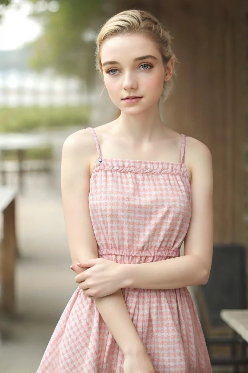 a profesional photo of 1 girl , <lora:Julia_Sarah_Stone_v2:0.7> blonde hair, delicate face, slender body, big eyes, young girl, woman, small breasts, wearing Gingham print off-the-shoulder dress in Rectangle shape peridot color, leaning against a fence with arms crossed, in cafe , intricate details, ((best quality)), ((masterpiece)) ((vibrant colors)) ((dynamic lights)) bokeh, detailed background, detailed skin, detailed face, cowoby shot, full body, detailed cahracter, focus on character , vibrant colors,clear, detailed hands, perfect face,