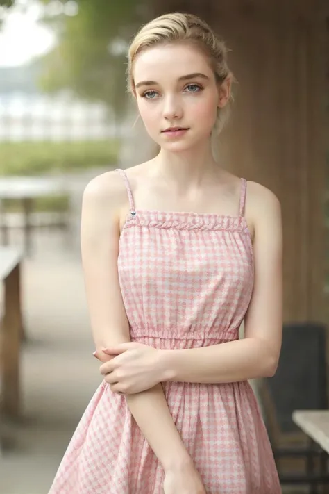 a profesional photo of  1 girl ,  <lora:Julia_Sarah_Stone_v2:0.7>  blonde hair, delicate face, slender body, big eyes, young girl, woman, small breasts, wearing  Gingham print off-the-shoulder dress in Rectangle shape peridot color,   leaning against a fence with arms crossed, in cafe  ,  intricate details, ((best quality)), ((masterpiece)) ((vibrant colors)) ((dynamic lights)) bokeh, detailed background, detailed skin, detailed face, cowoby shot, full body, detailed cahracter, focus on character , vibrant colors,clear, detailed hands, perfect face,