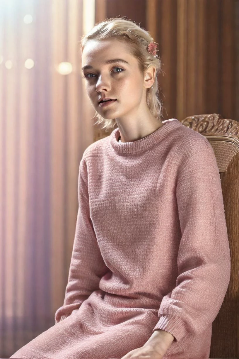 a profesional photo of  1 girl ,  <lora:Julia_Sarah_Stone_v2:0.7>  blonde hair, delicate face, slender body, big eyes, young girl, woman, small breasts, wearing  Geometric print A-line dress in Lavender color,   laying slouched on a chair, in gothic mansion  ,  intricate details, ((best quality)), ((masterpiece)) ((vibrant colors)) ((dynamic lights)) bokeh, detailed background, detailed skin, detailed face, cowoby shot, full body, detailed cahracter, focus on character , vibrant colors,clear, detailed hands, perfect face,  <hypernet:sxzBloom_sxzBloom:0.6>  hotify fFaceDetail ,  <lora:add_detail:0.4>